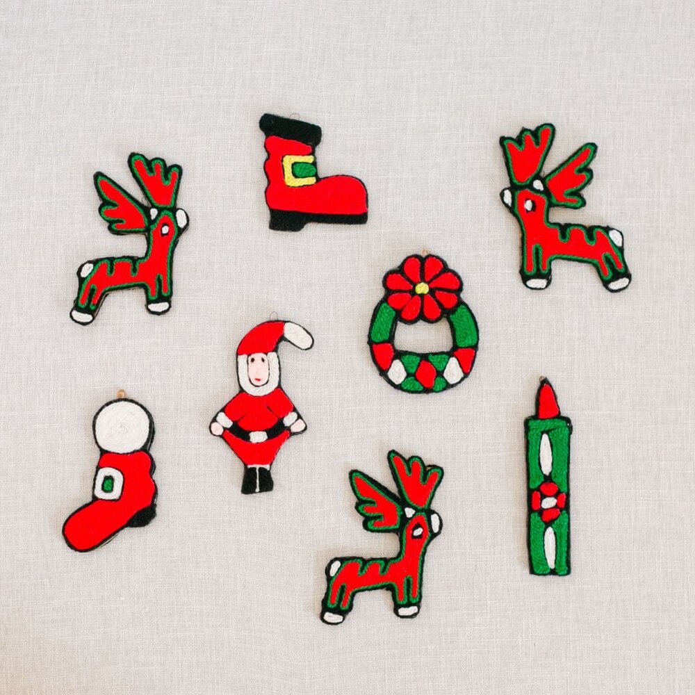 Vintage Handmade Huichol Folk Art Yarn Christmas Ornaments - Set of 8